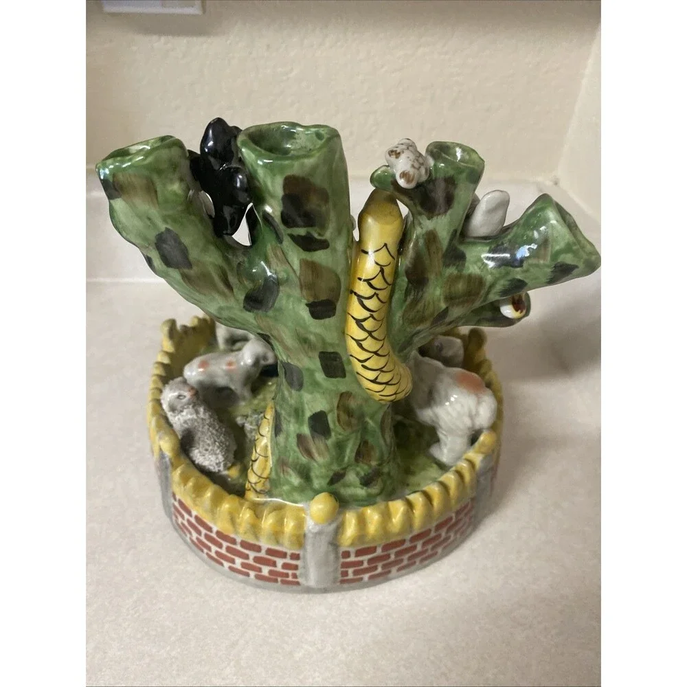 Vtg Staffordshire Style Spill Vase Shepherd, Sheepdog, Sheep, Birds, Tree 8.25